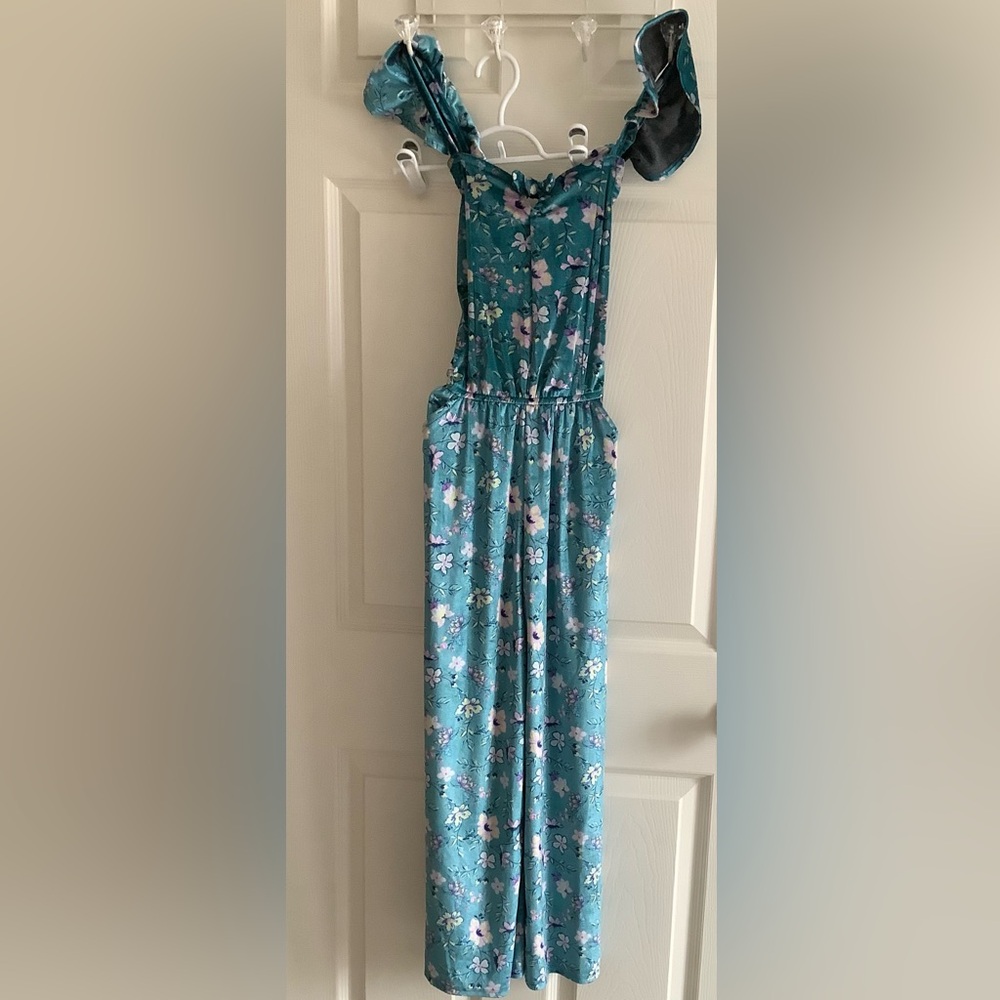 Justice Floral Blue Velvet Jumpsuit - Picture 6 of 12